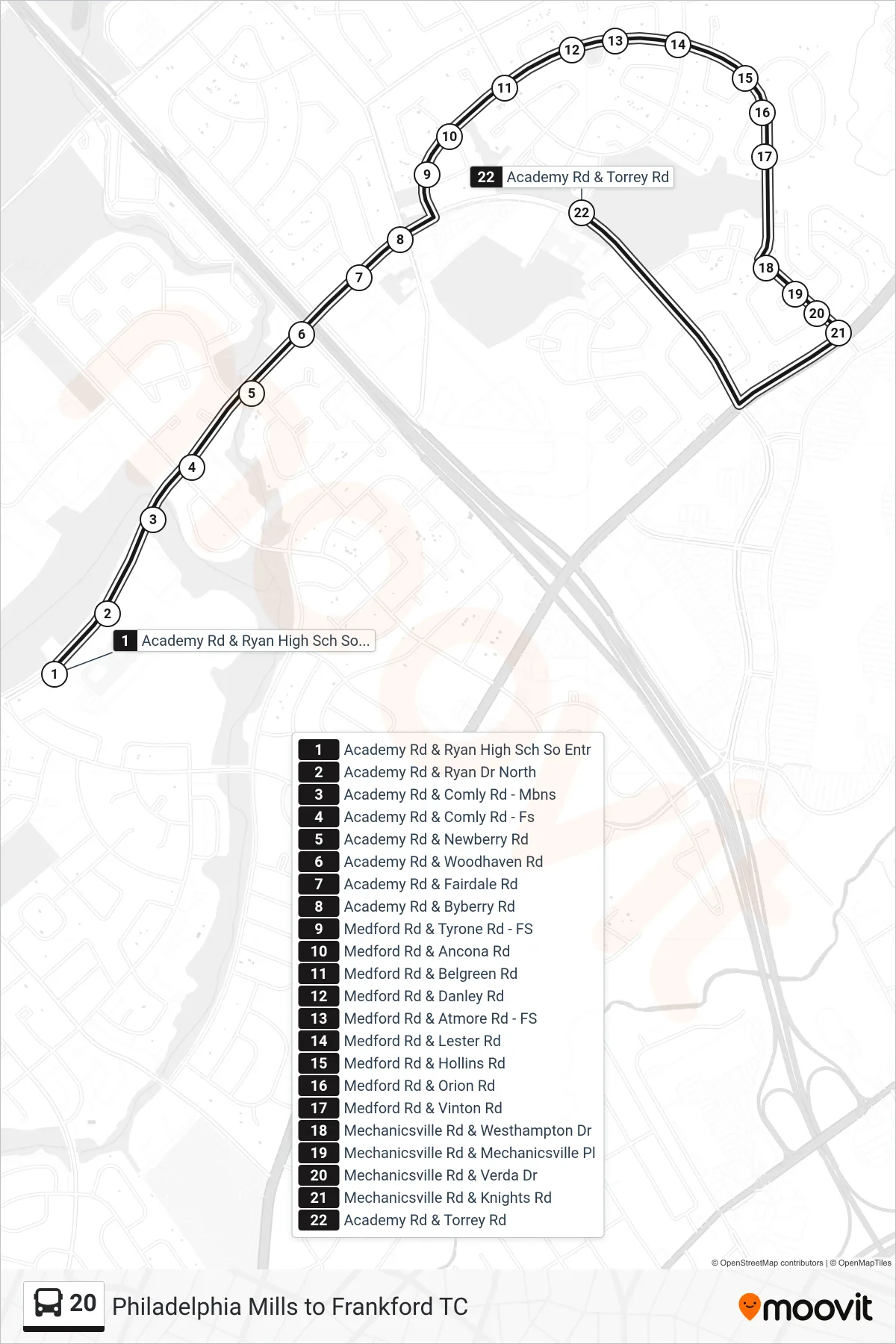 20 bus Line (Torrey-Academy) route and stops on a map