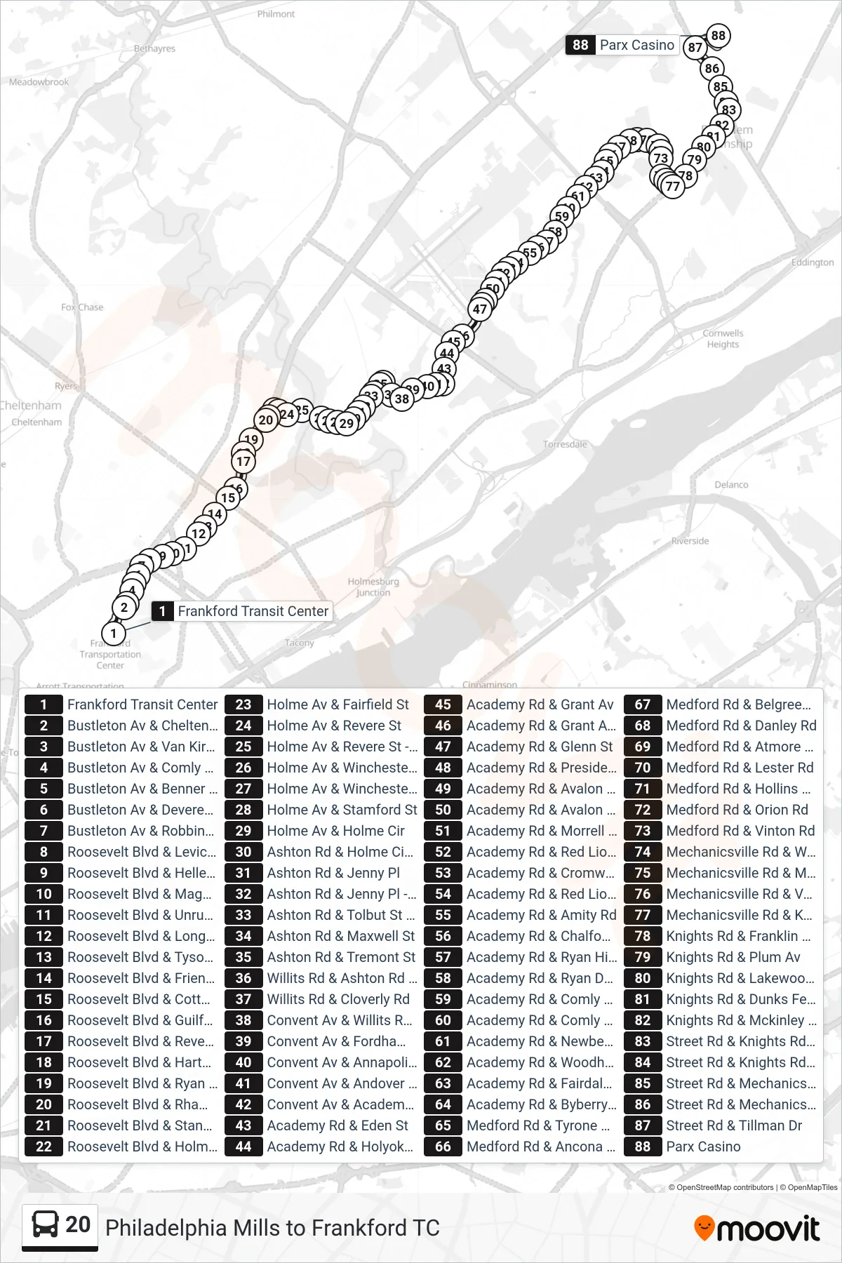 20 bus Line (Parx Casino) route and stops on a map