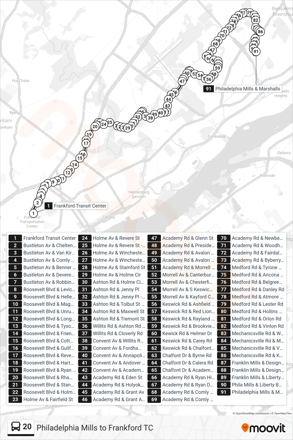 20 bus Line (Philadelphia Mills Via Keswick) route and stops on a map