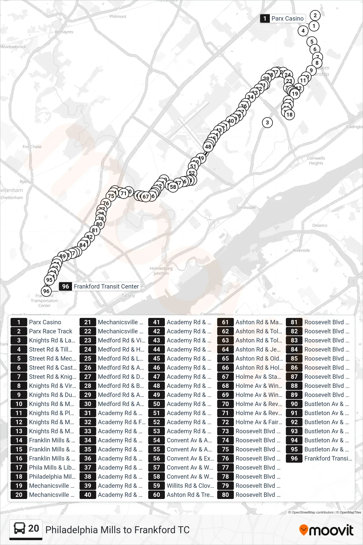 20 bus Line (Frankford Transit Center) route and stops on a map
