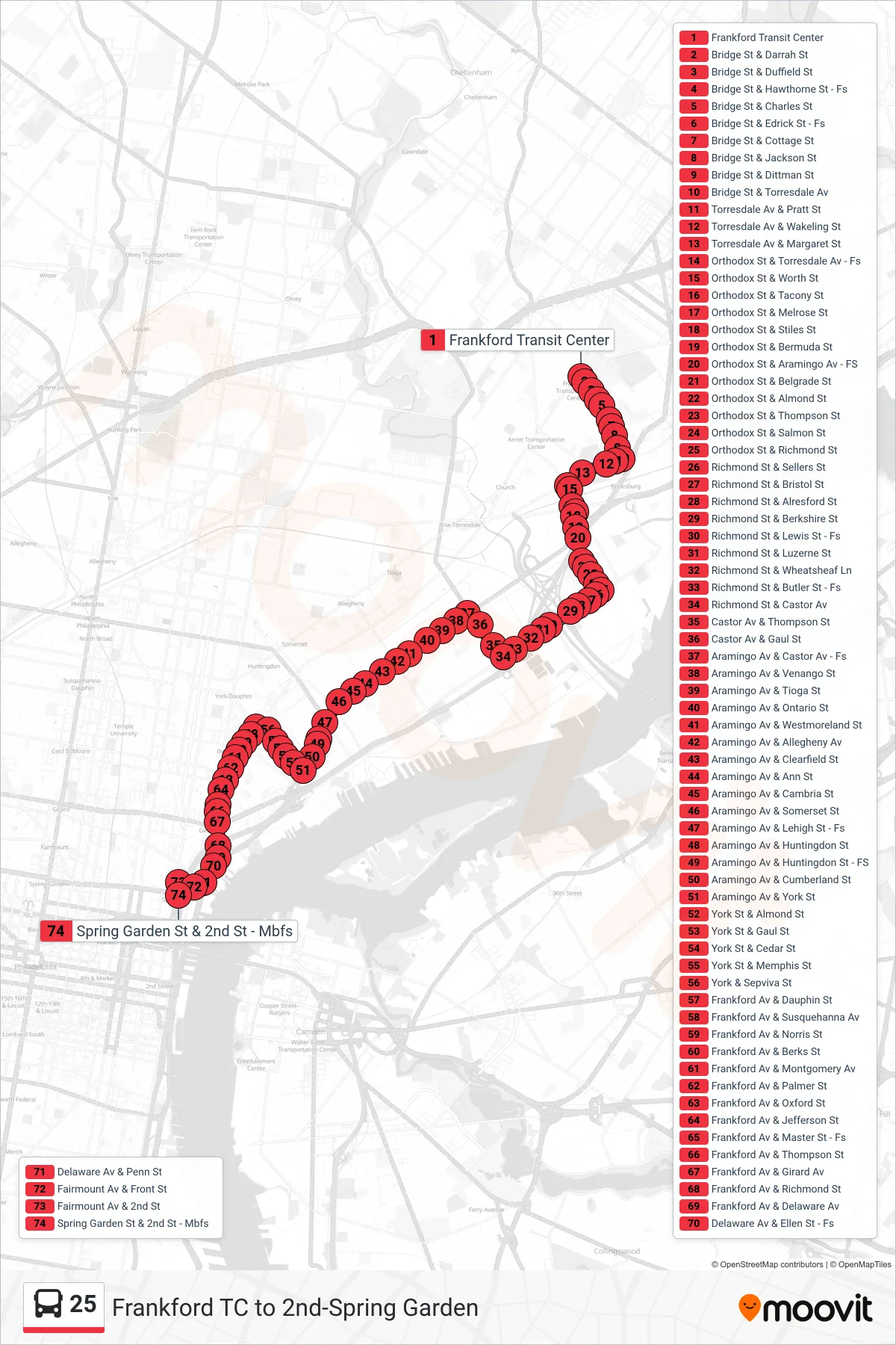 25 bus Line (2nd-Spring Garden) route and stops on a map