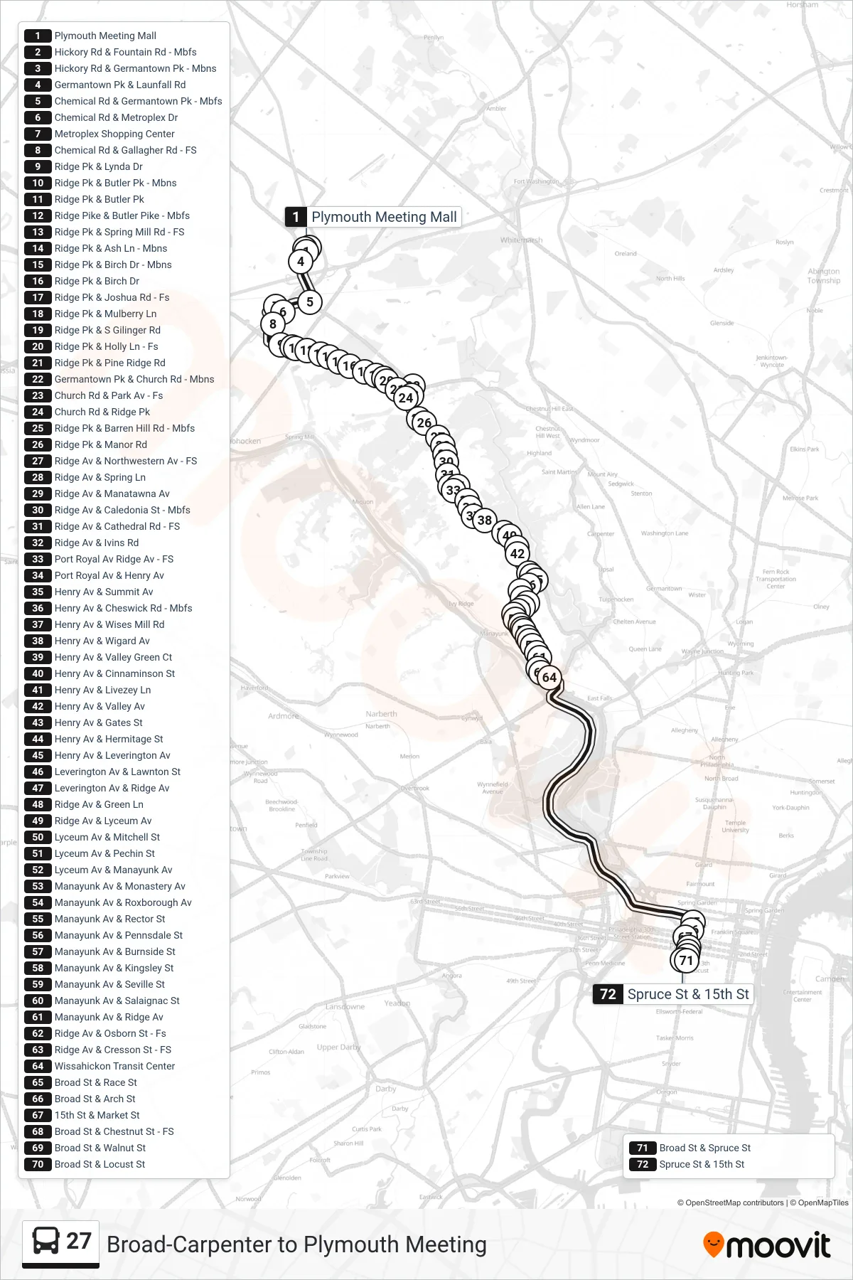 27 bus Line (15th-Spruce) route and stops on a map