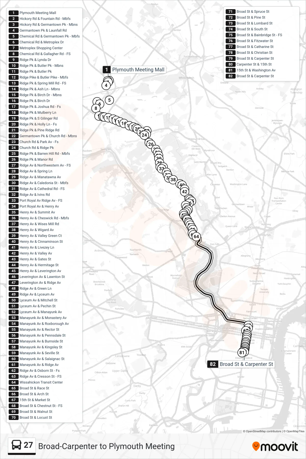 27 bus Line (Broad-Carpenter) route and stops on a map