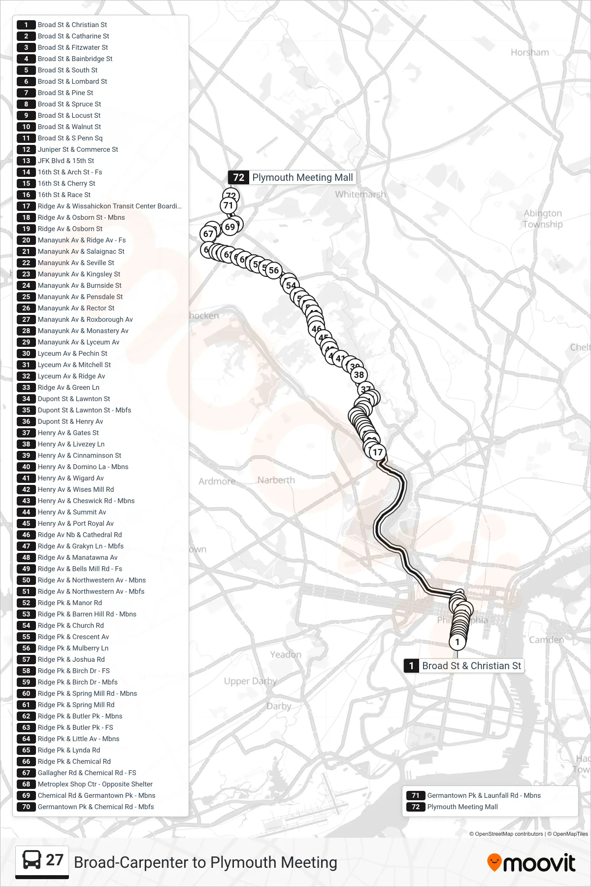 27 bus Line (Plymouth Meeting Mall) route and stops on a map