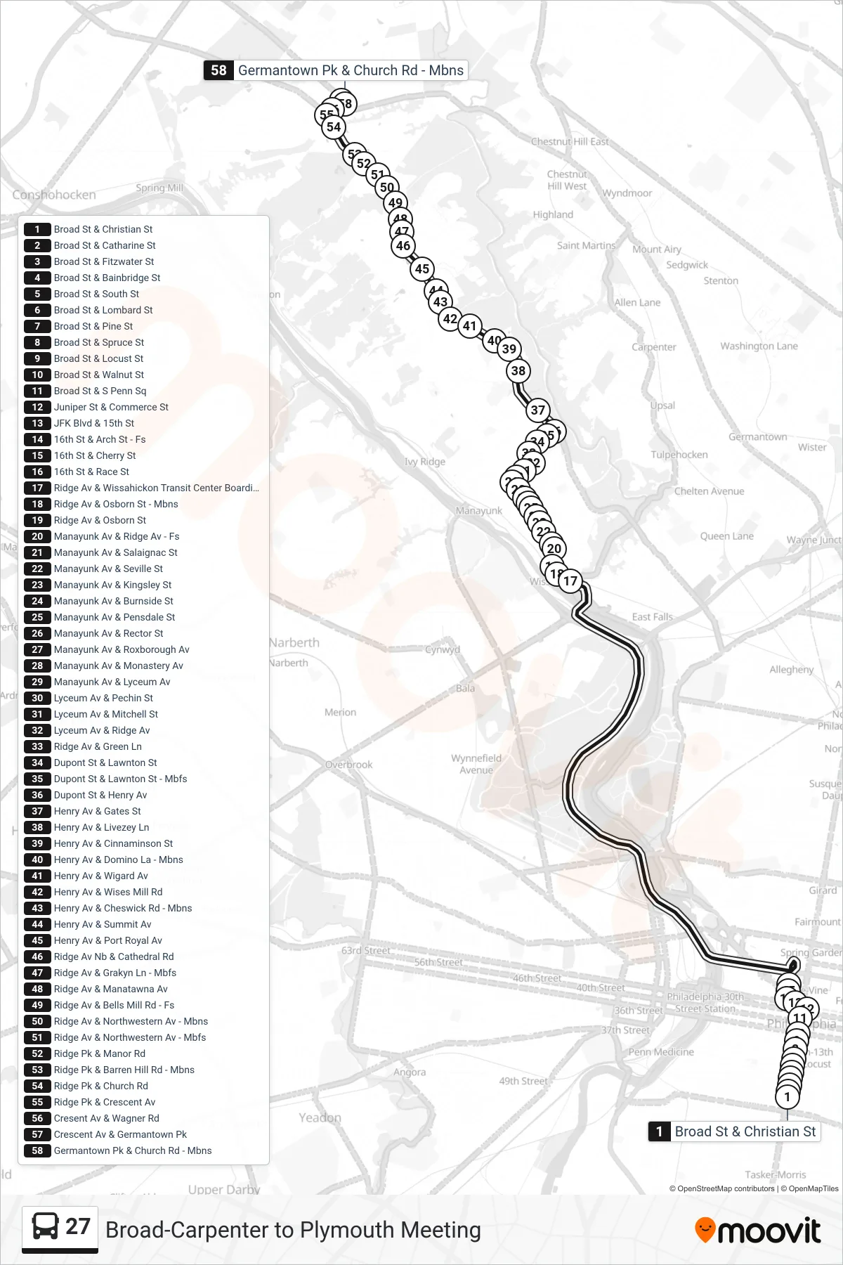 27 bus Line (Barren Hill) route and stops on a map