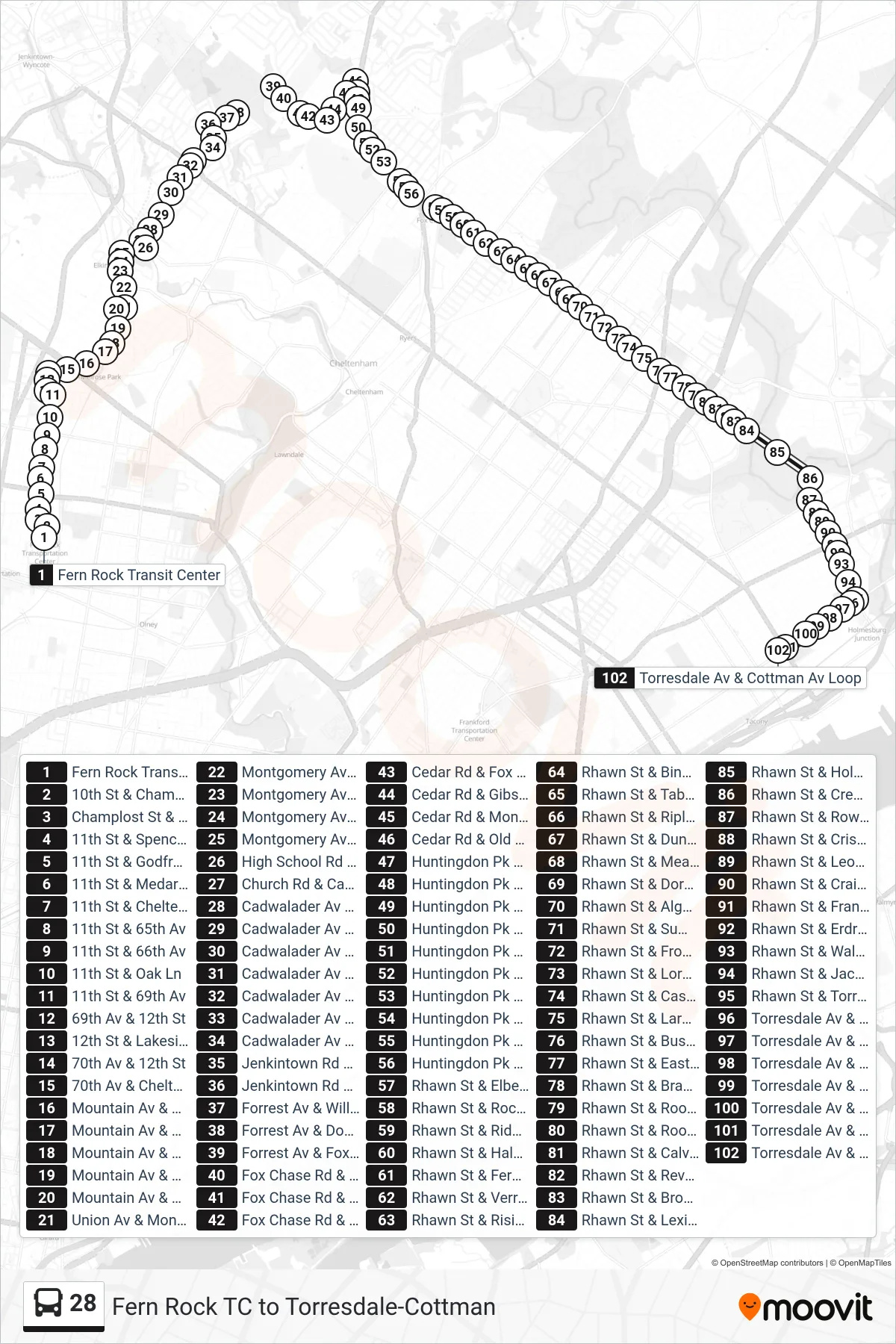 28 bus Line (Torresdale-Cottman) route and stops on a map