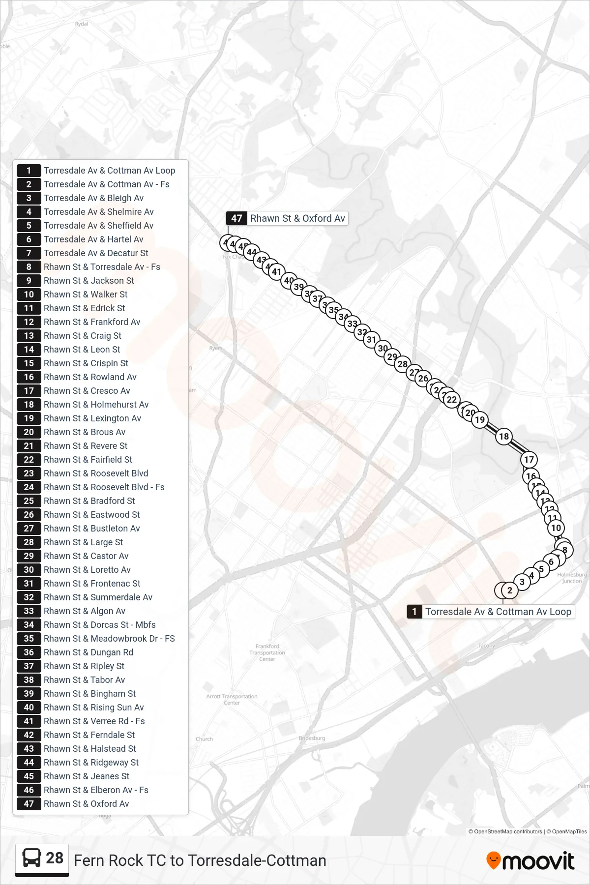 28 bus Line (Oxford-Rhawn) route and stops on a map