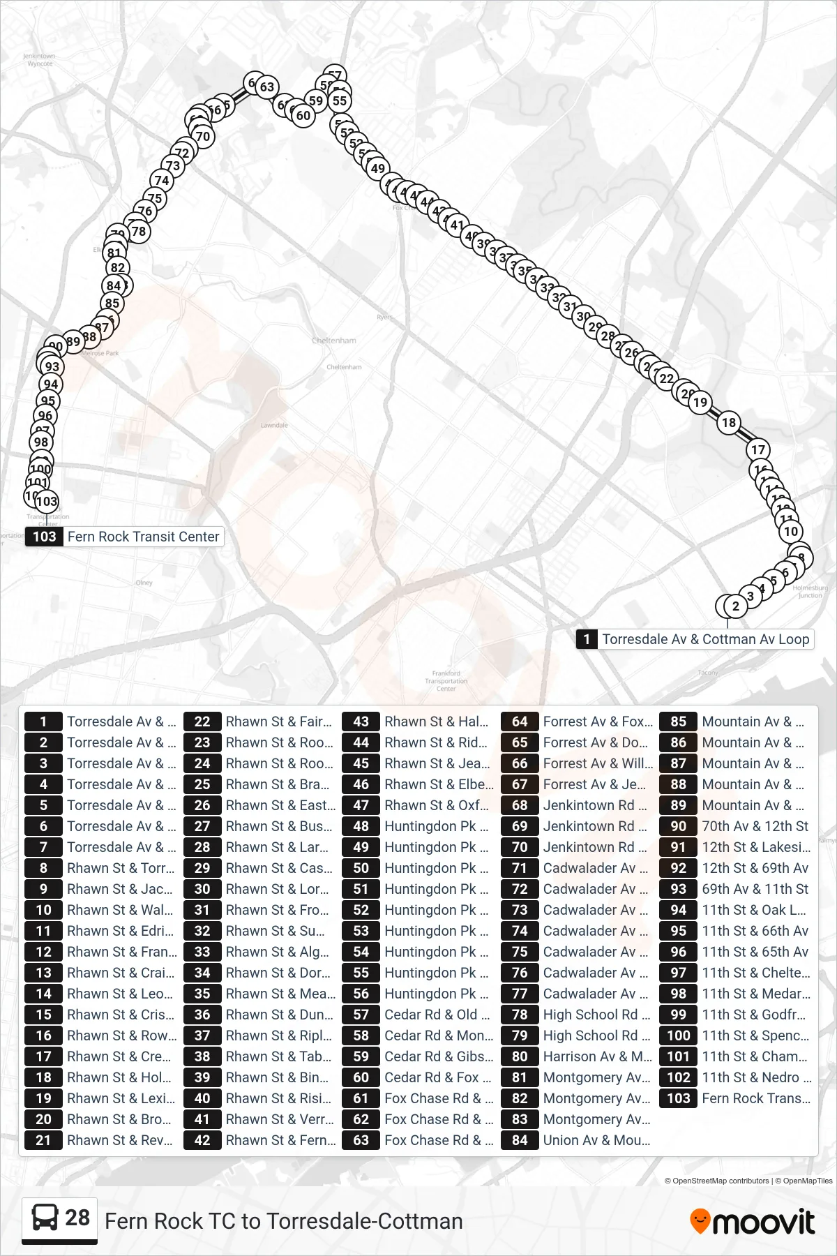 28 bus Line (Fern Rock Transit Center) route and stops on a map