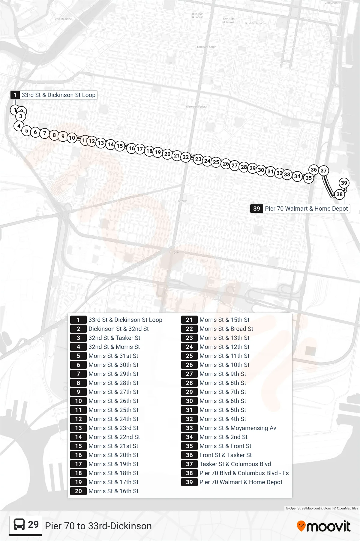29 bus Line (Pier 70) route and stops on a map