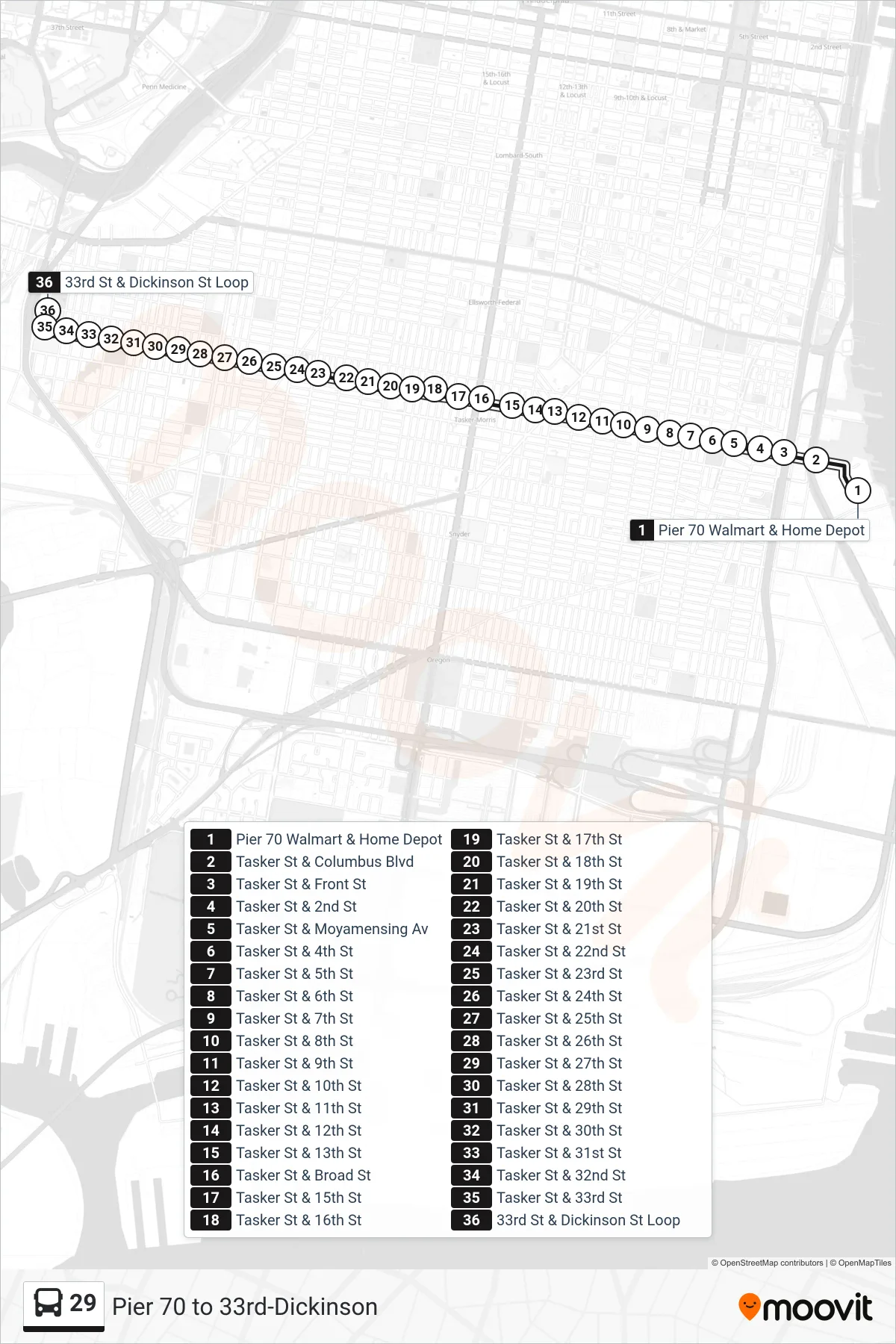 29 bus Line (33rd-Dickinson) route and stops on a map