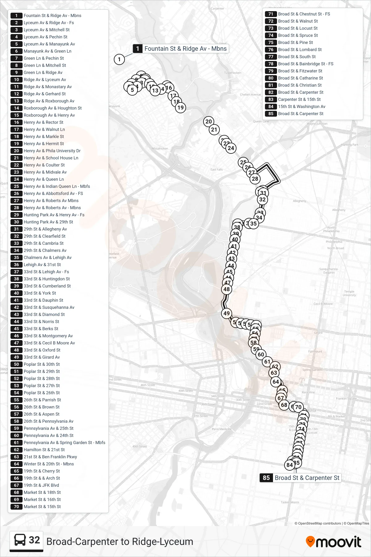 32 bus Line (Broad-Carpenter) route and stops on a map