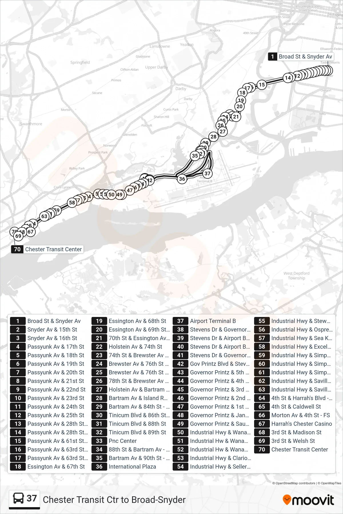 37 bus Line (Chester Via Eastwick Industrial Park And Airport Business Center) route and stops on a map