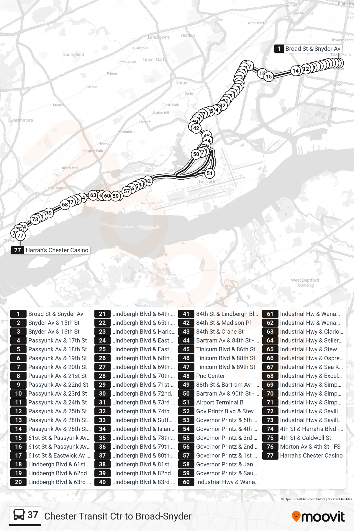 37 bus Line (Harrah's) route and stops on a map