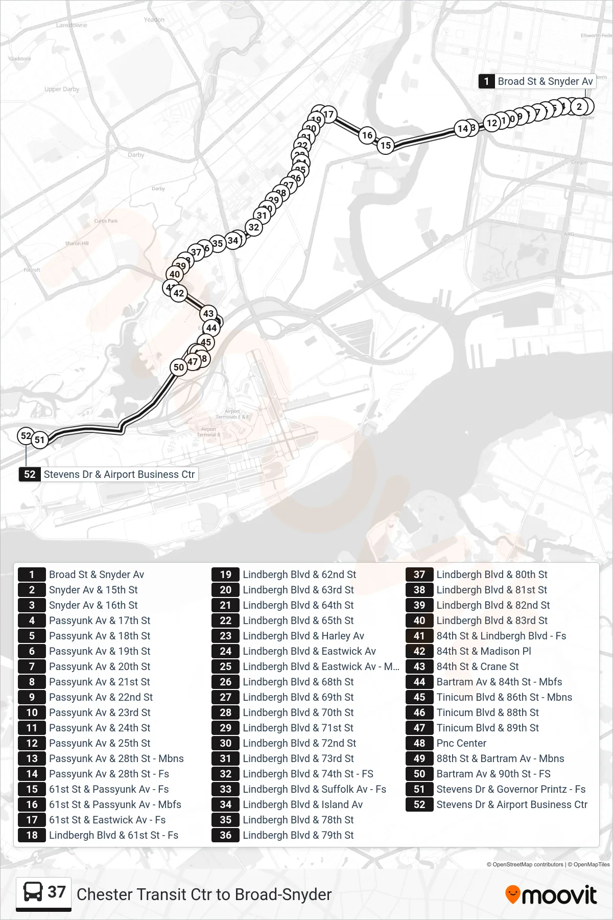37 bus Line (Airport Business Center) route and stops on a map