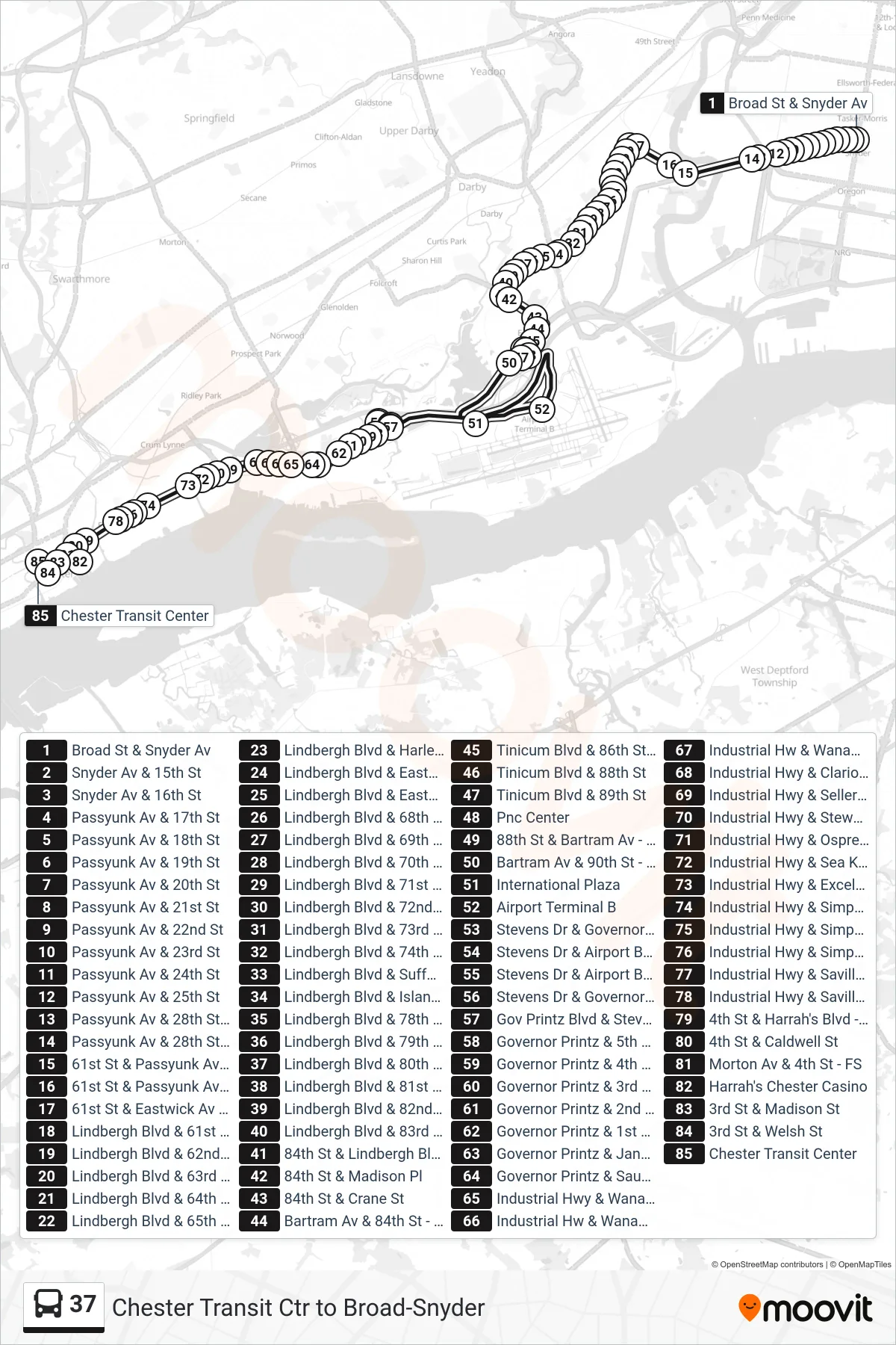 37 bus Line (Chester Via Airport Business Center) route and stops on a map