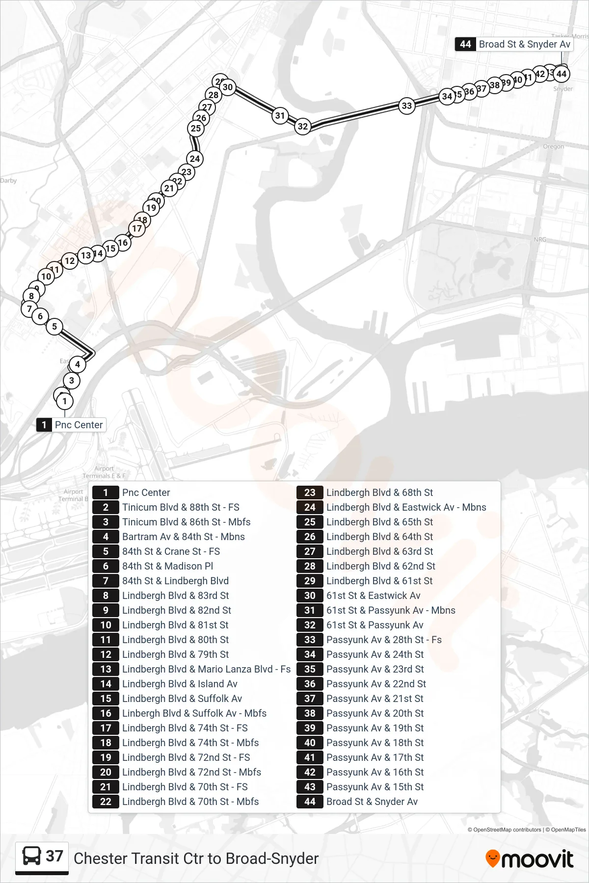 37 bus Line (Broad-Snyder) route and stops on a map