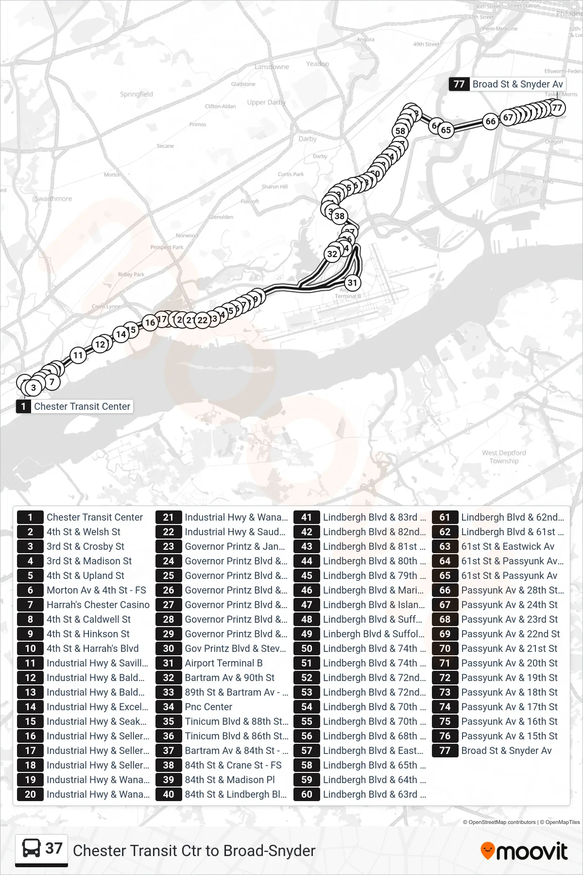 37 bus Line (Broad-Snyder Via Airport) route and stops on a map