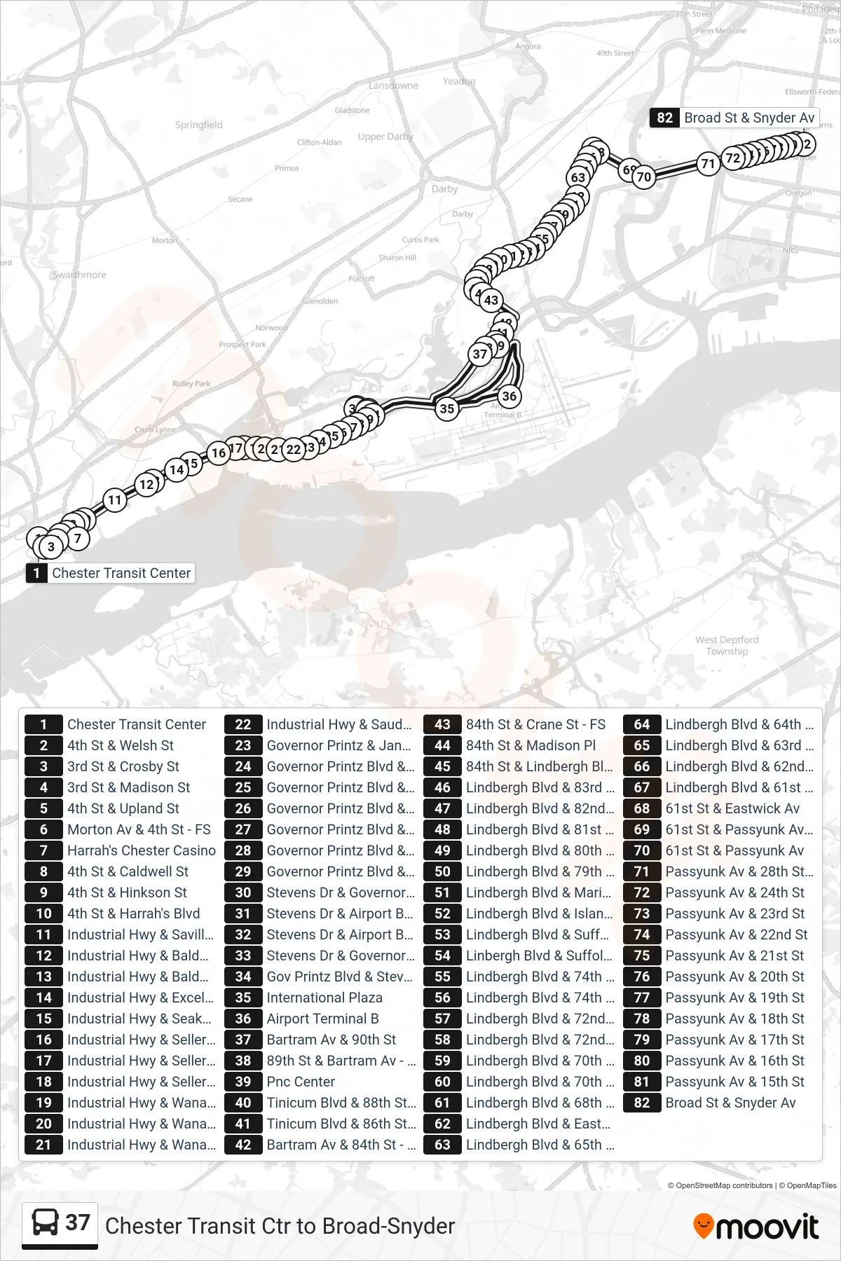 37 bus Line (Broad-Snyder Via Airport Business Center) route and stops on a map