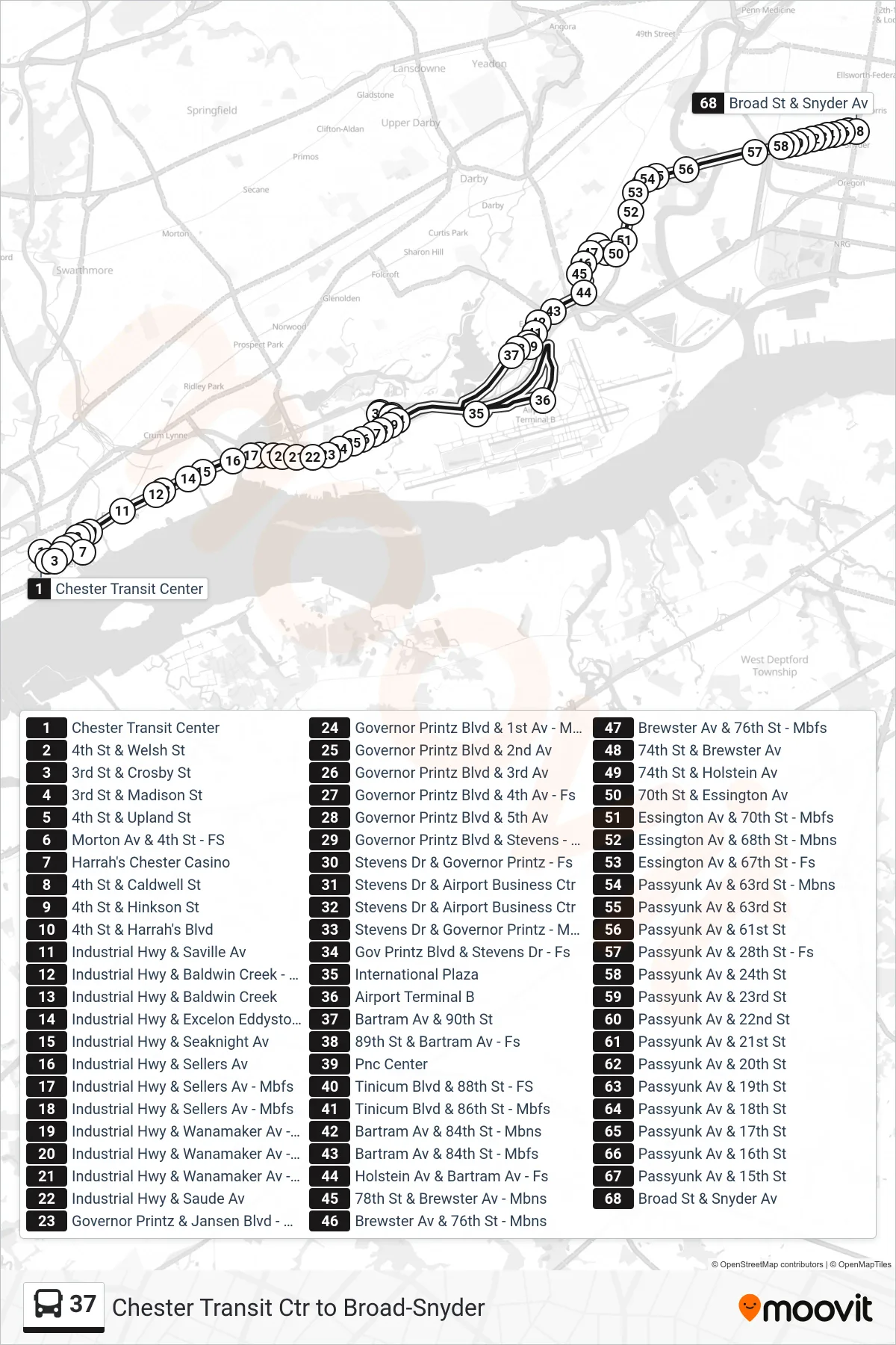 37 bus Line (Broad-Snyder Via Eastwick Industrial Park) route and stops on a map
