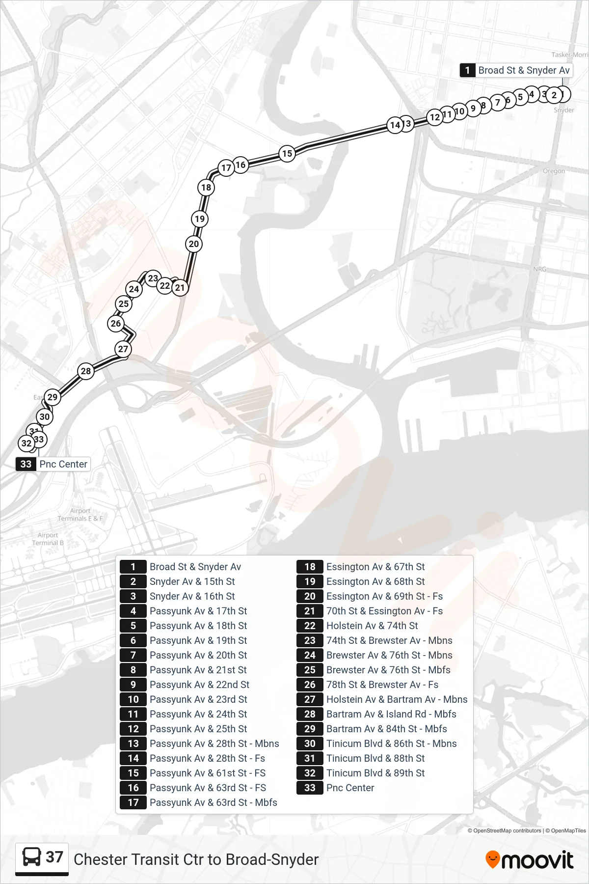 37 bus Line (Pnc Operations Center Via Eastwick Industrial Park) route and stops on a map