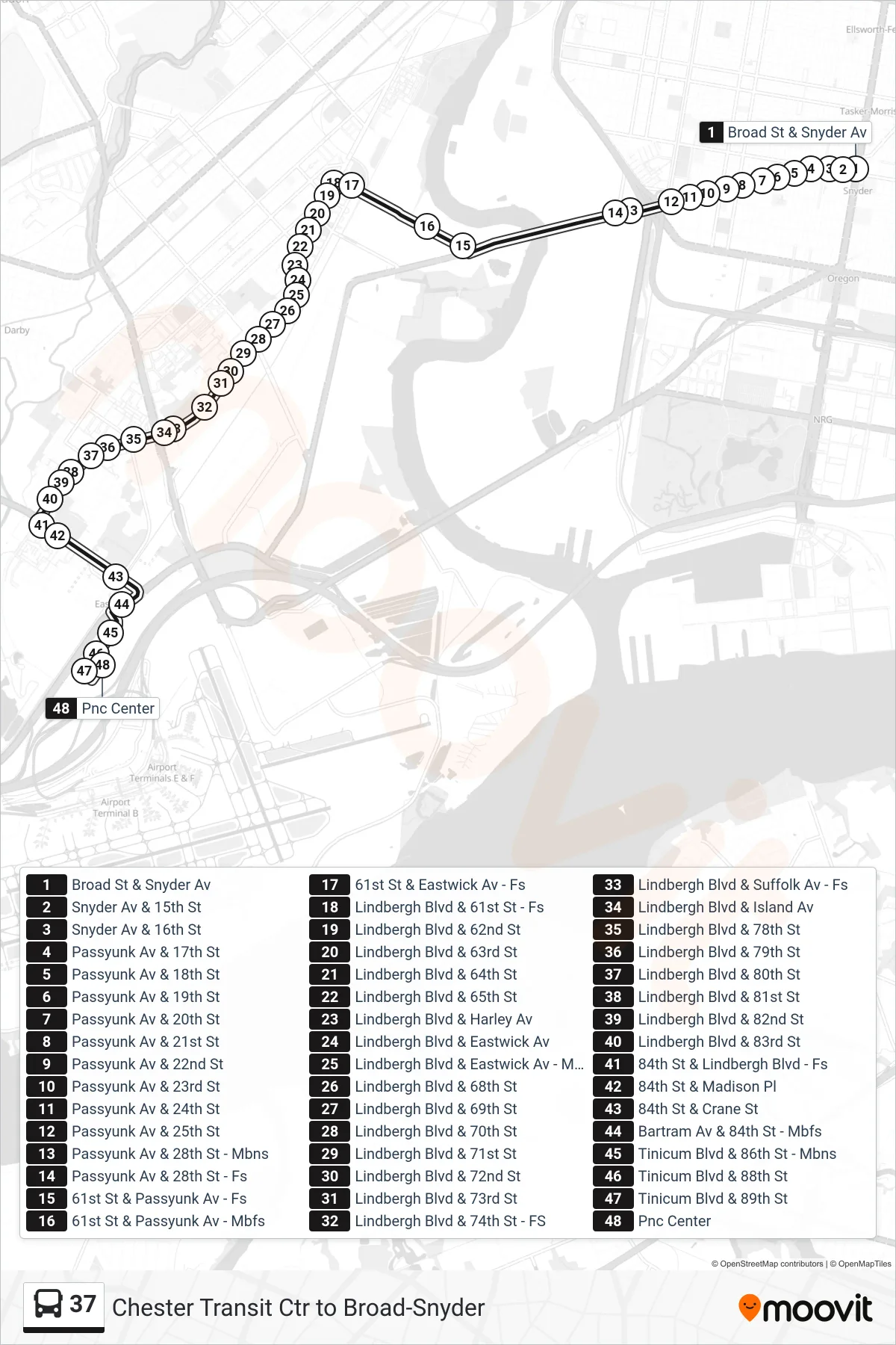 37 bus Line (Pnc Operations Center) route and stops on a map