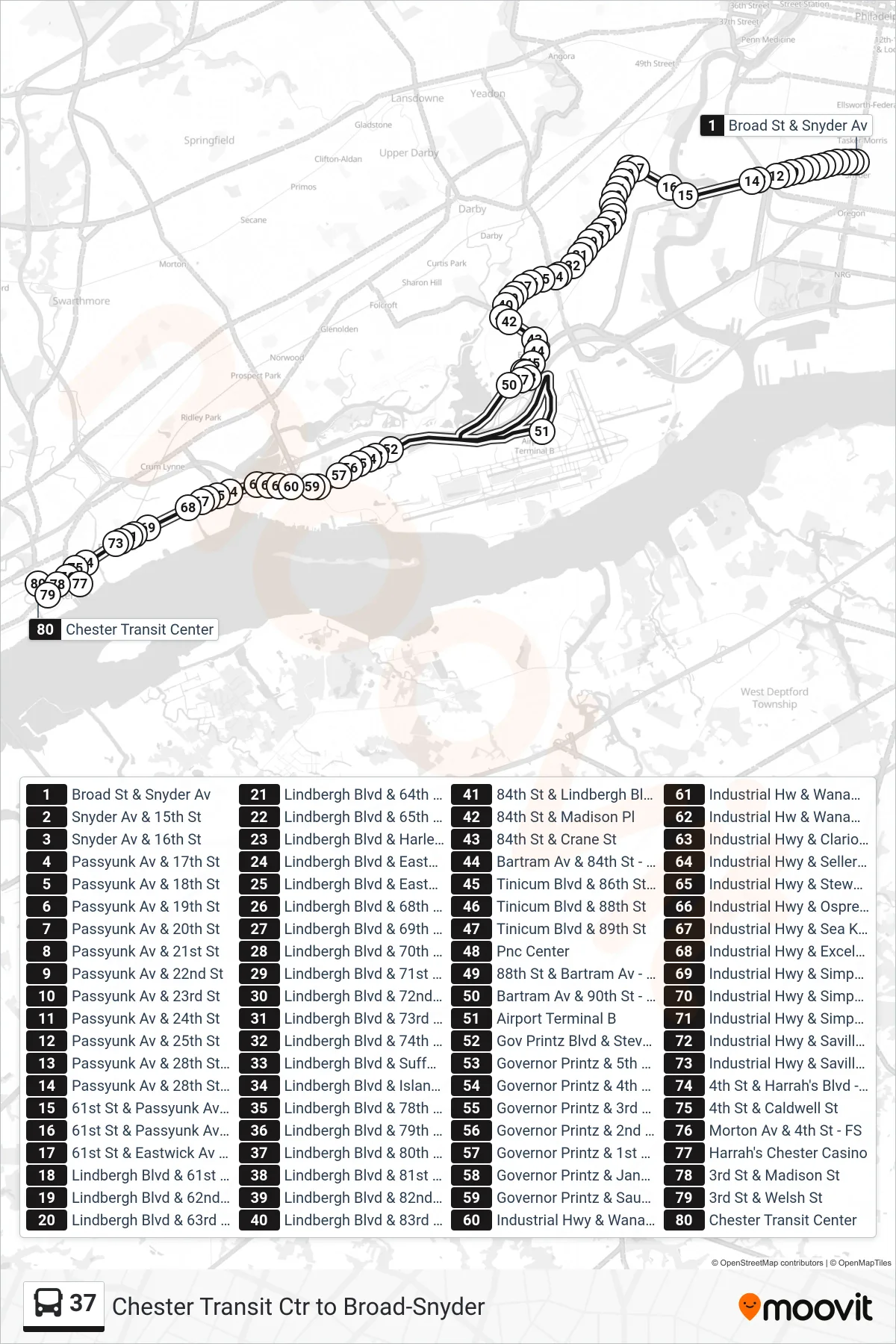 37 bus Line (Chester Transit Center) route and stops on a map