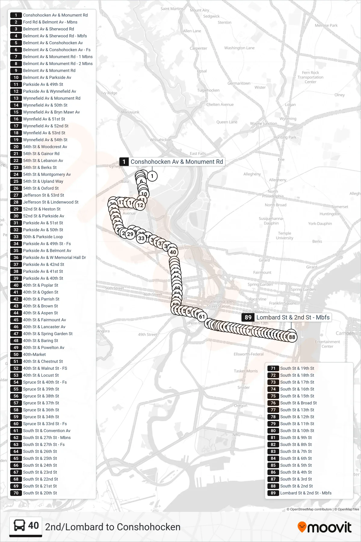 40 bus Line (2nd-Lombard) route and stops on a map