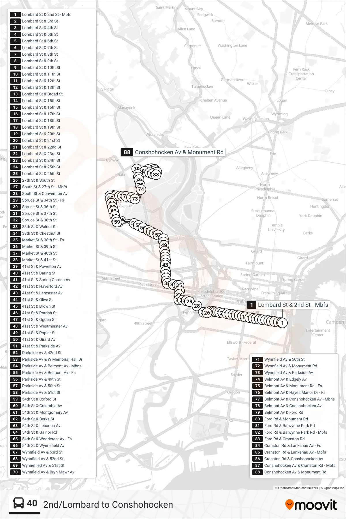 40 bus Line (Conshohocken-Monument) route and stops on a map