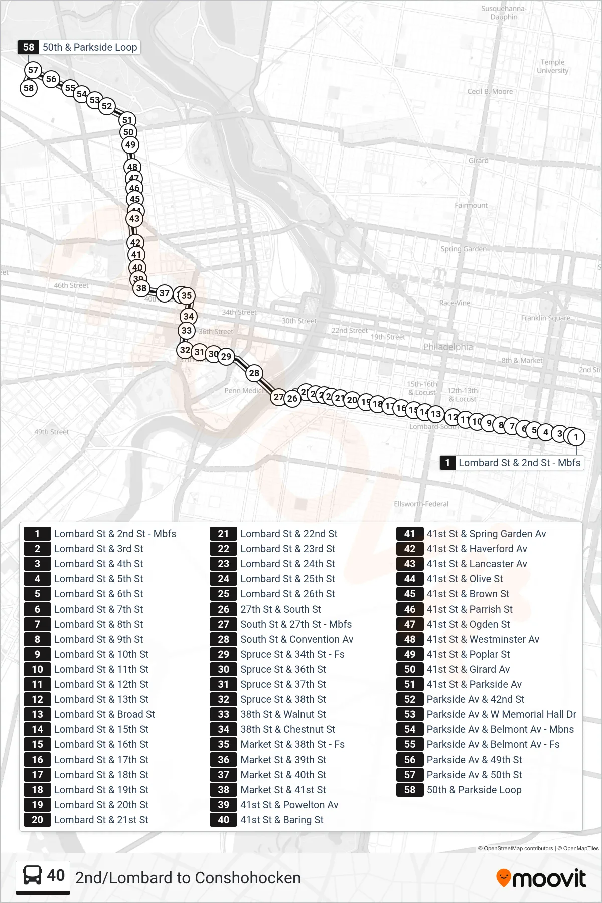 40 bus Line (50th-Parkside) route and stops on a map