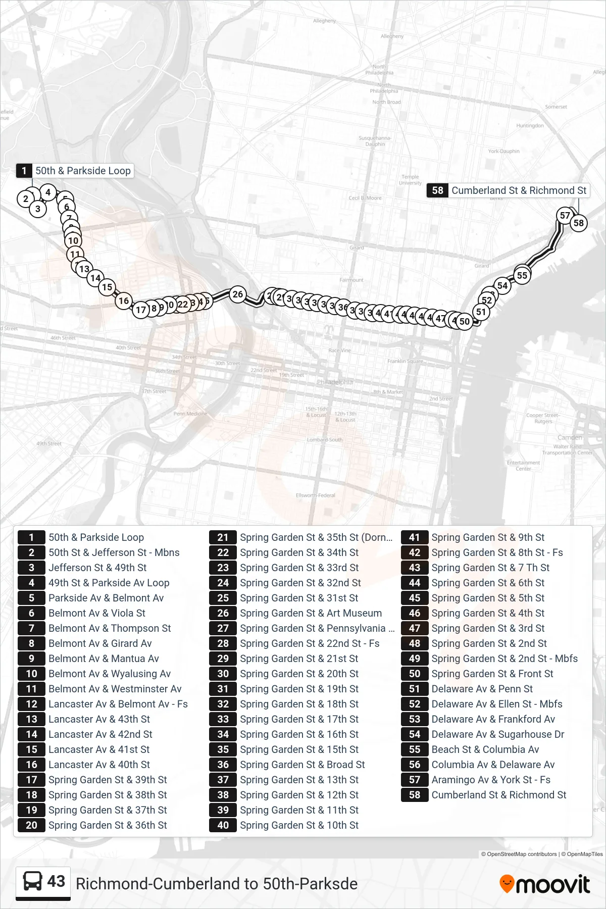 43 bus Line (Richmond-Cumberland) route and stops on a map