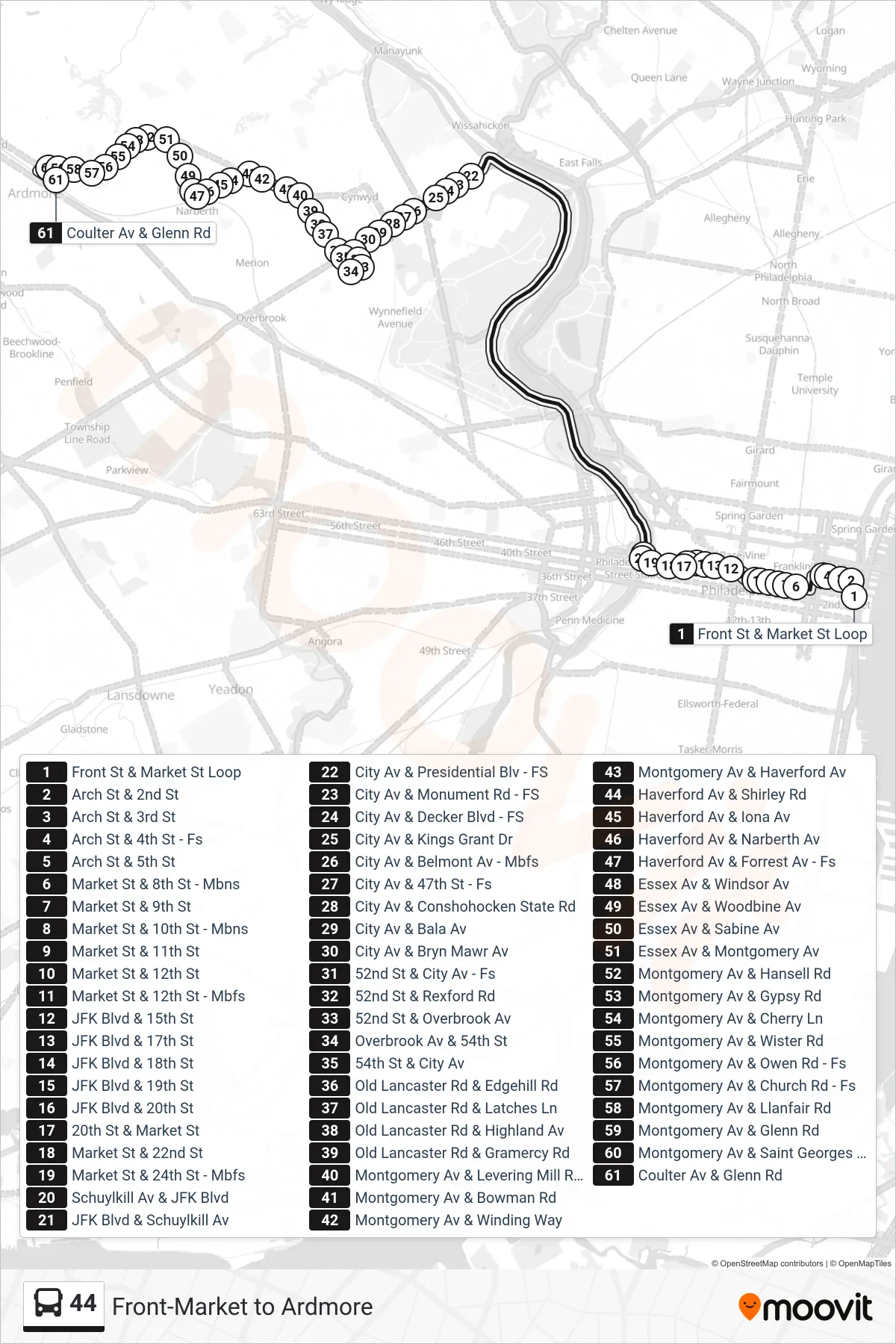 44 bus Line (Ardmore Via Narberth) route and stops on a map