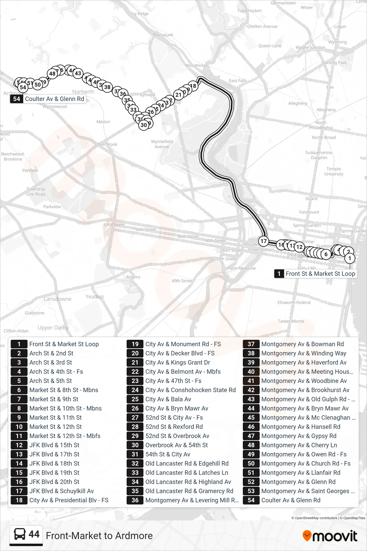 44 bus Line (Ardmore Via Montgomery Ave) route and stops on a map