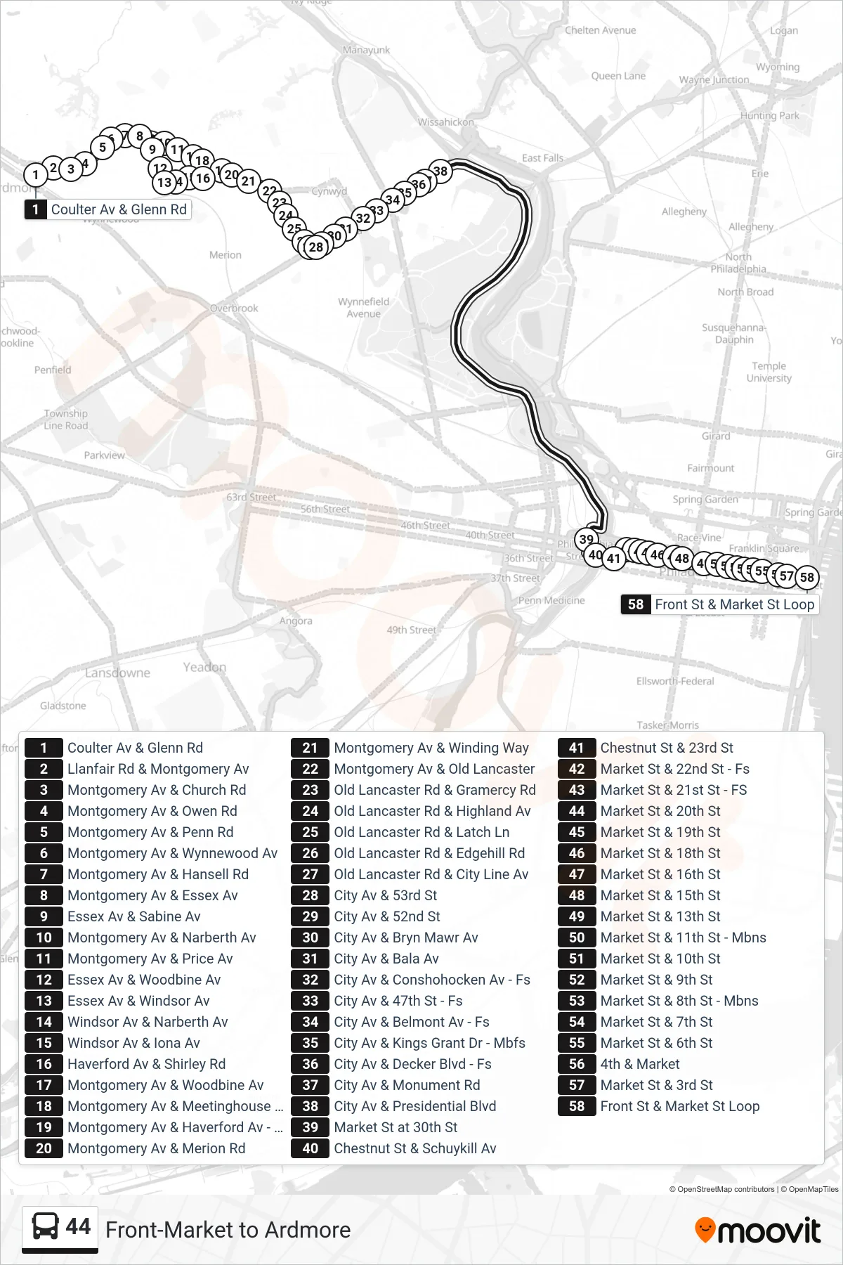 44 bus Line (Front-Market) route and stops on a map