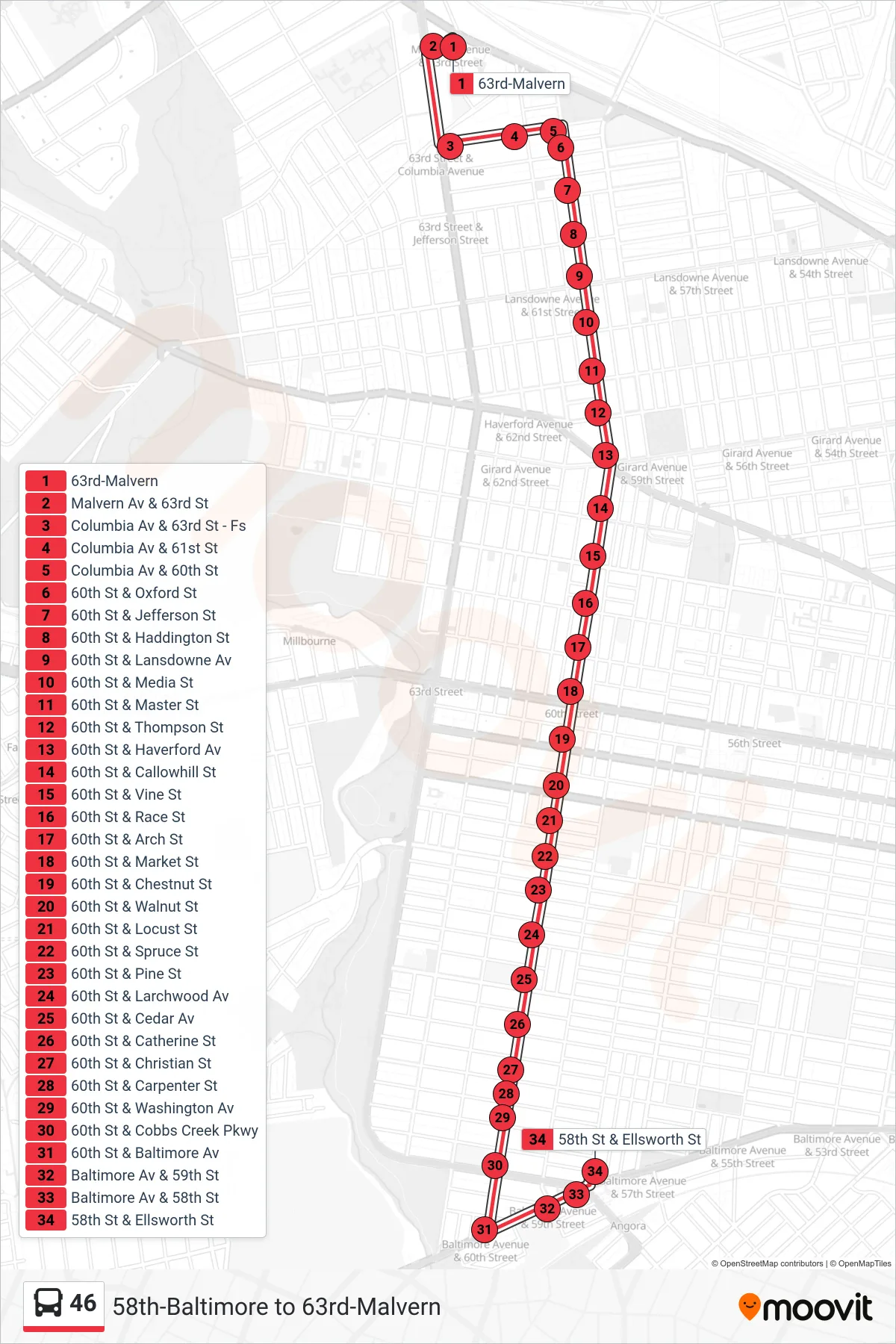46 bus Line (58th-Baltimore) route and stops on a map
