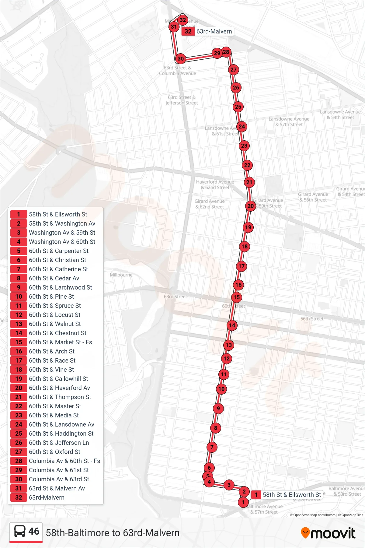46 bus Line (63rd-Malvern) route and stops on a map