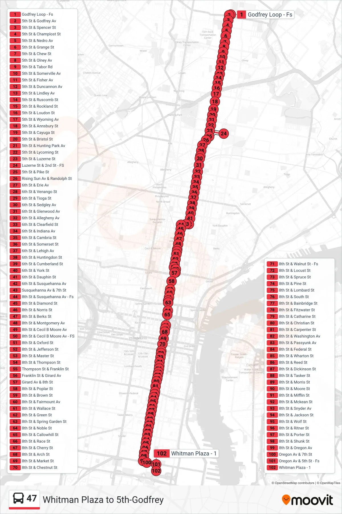 47 bus Line (Whitman Plaza) route and stops on a map