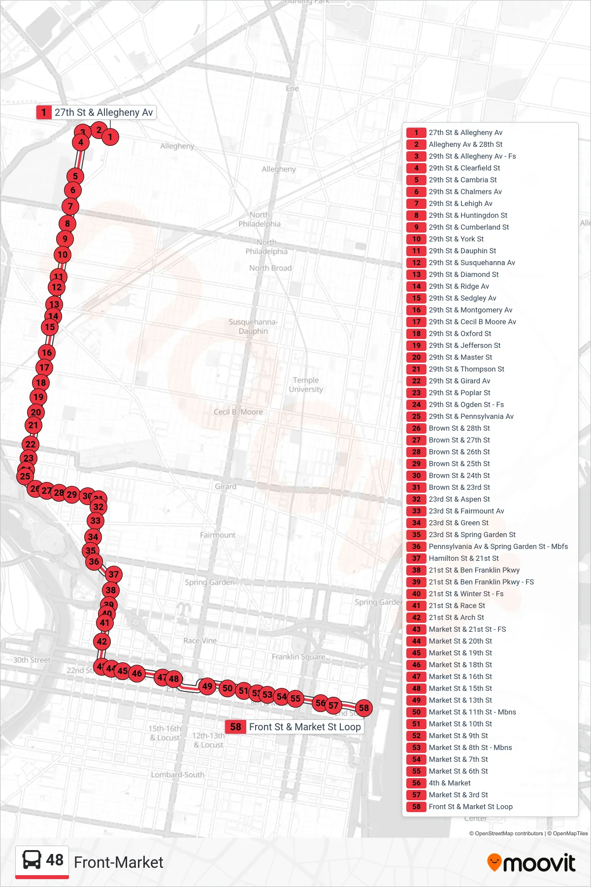 48 bus Line (Front-Market) route and stops on a map