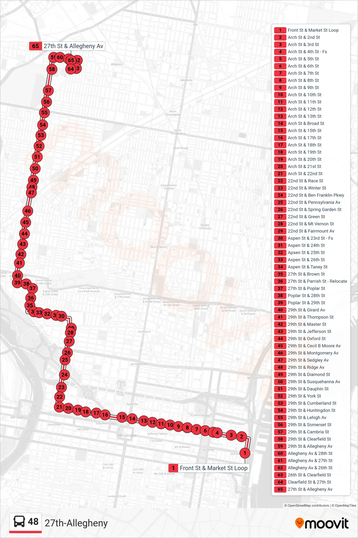 48 bus Line (27th-Allegheny) route and stops on a map