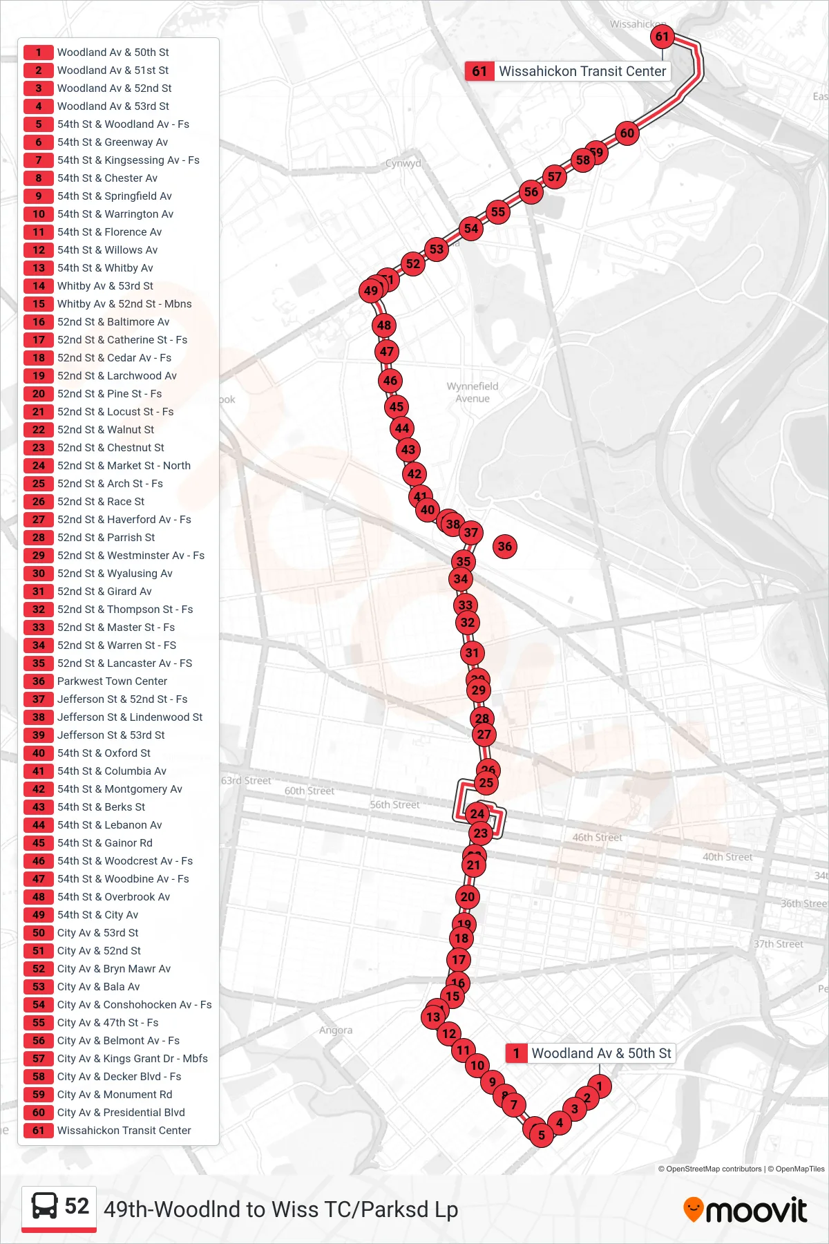 52 bus Line (Wissahickon Transit Center) route and stops on a map