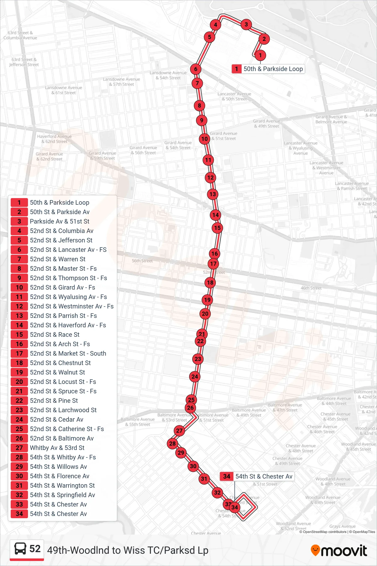 52 bus Line (Chester Ave) route and stops on a map