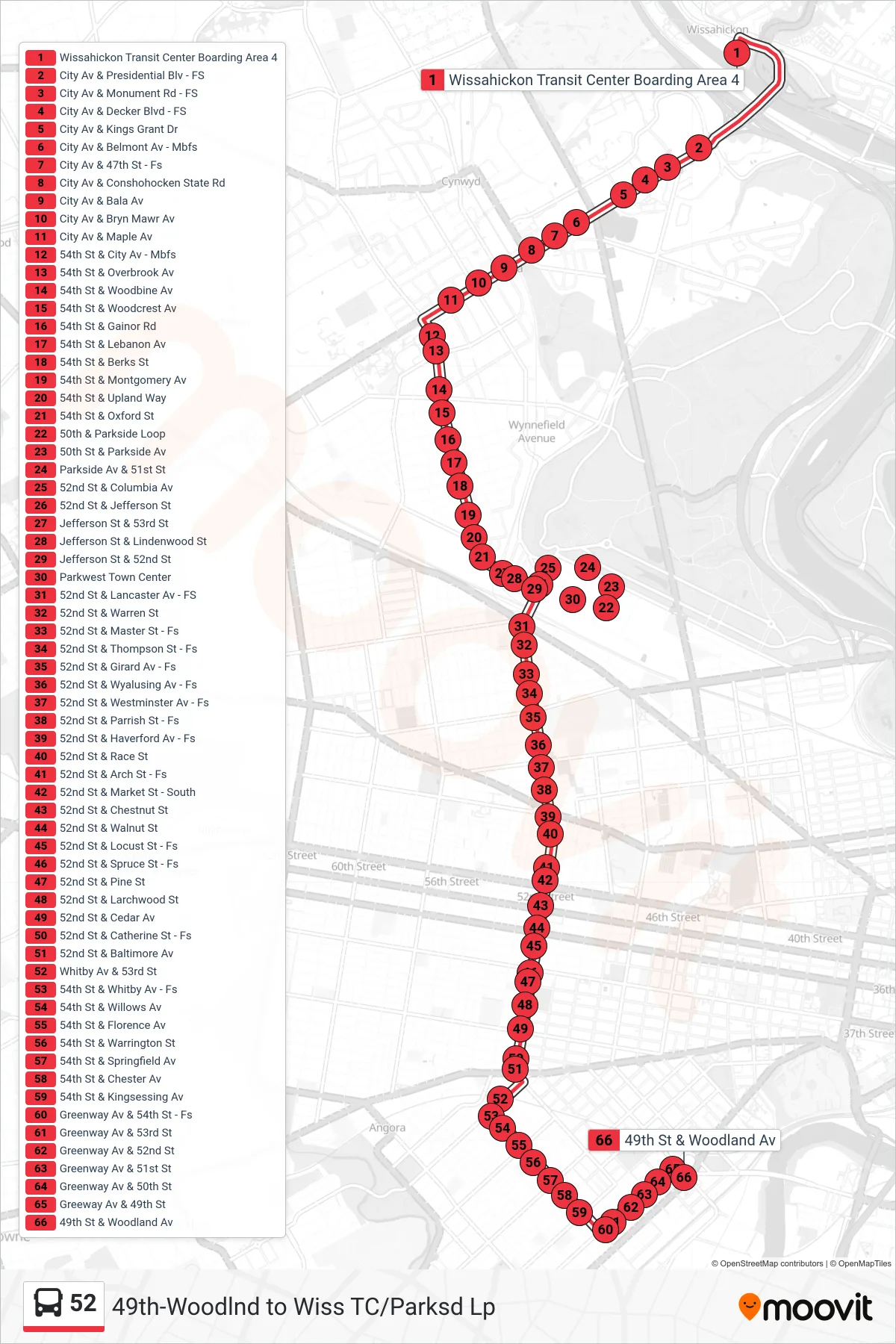 52 bus Line (49th-Woodland) route and stops on a map