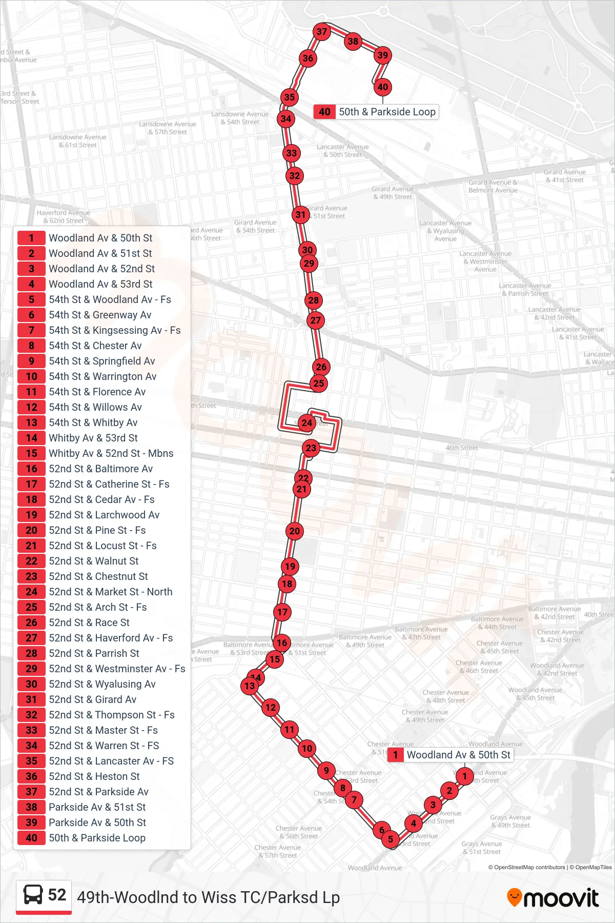 52 bus Line (50th-Parkside) route and stops on a map