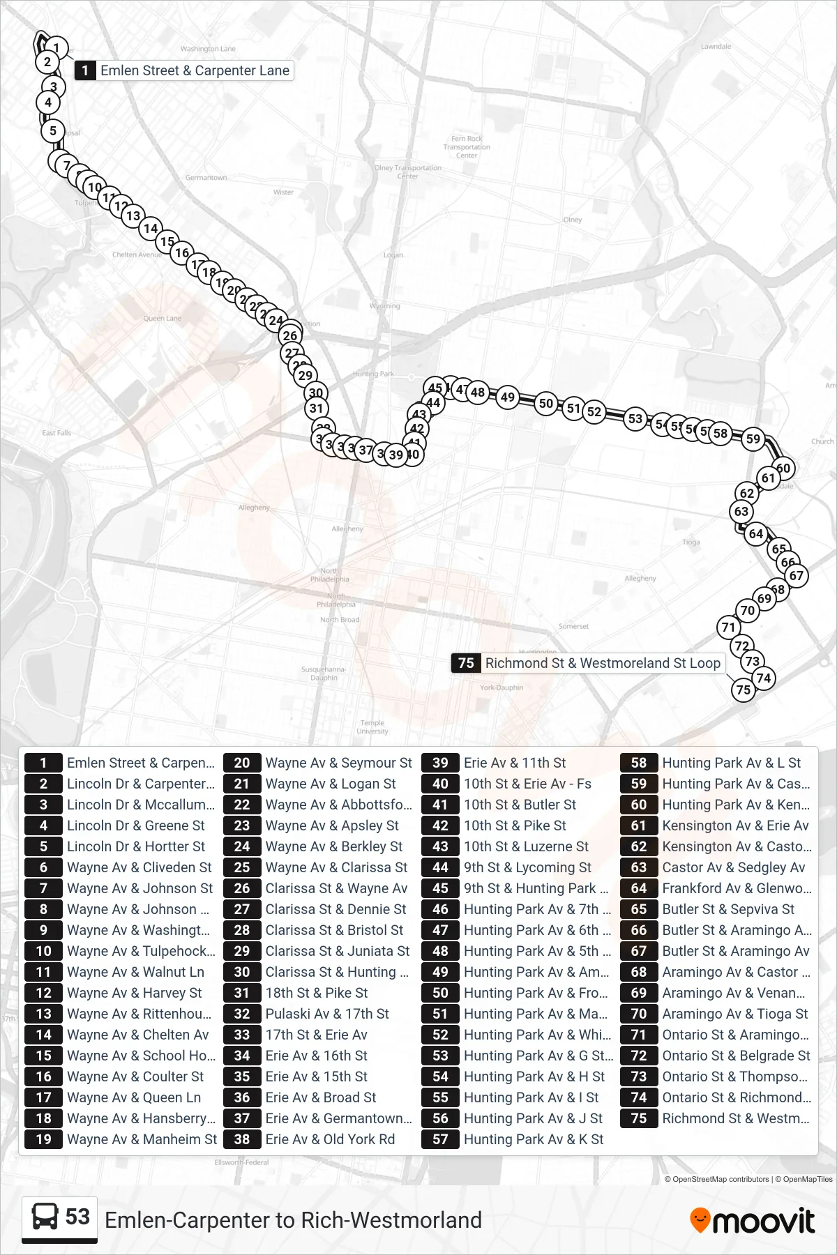 53 bus Line (Richmond-Westmoreland) route and stops on a map
