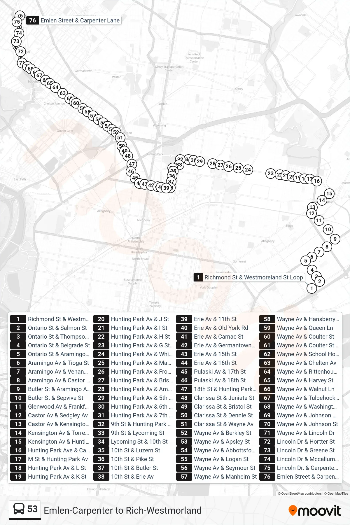 53 bus Line (Emlen St & Carpenter Ln) route and stops on a map