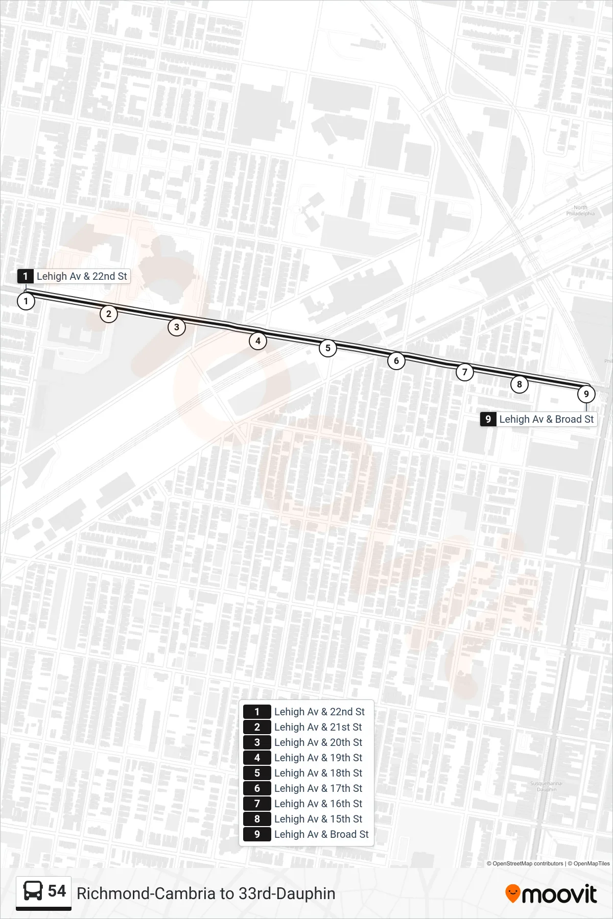 54 bus Line (Broad-Lehigh) route and stops on a map
