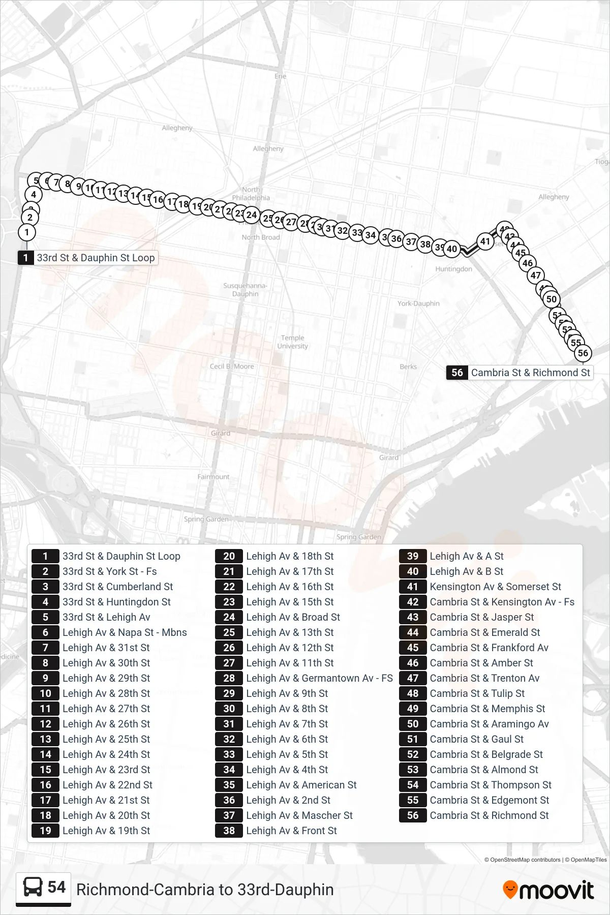 54 bus Line (Richmond-Cambria) route and stops on a map