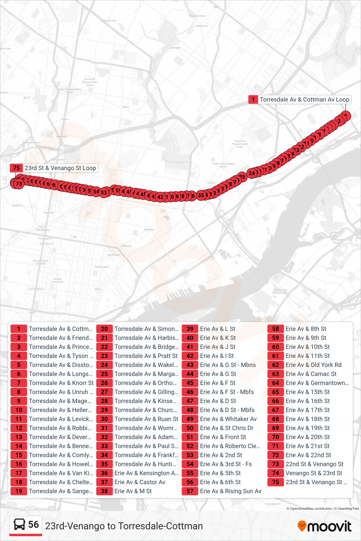 56 bus Line (23rd-Venango) route and stops on a map