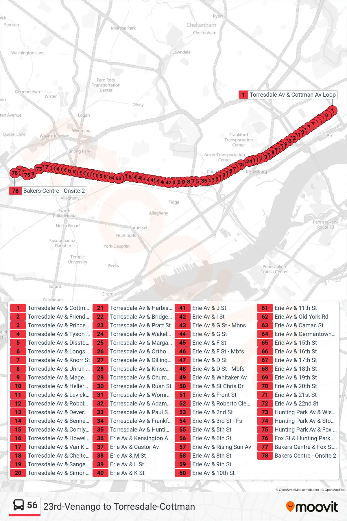 56 bus Line (Bakers Centre) route and stops on a map
