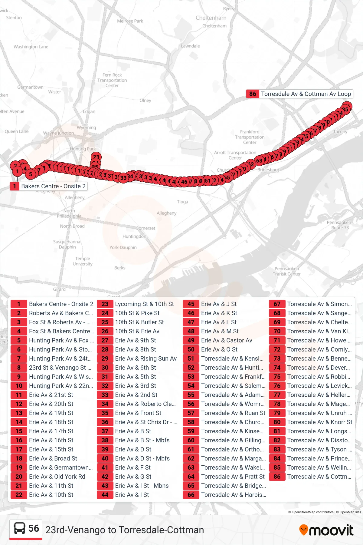 56 bus Line (Torresdale-Cottman) route and stops on a map