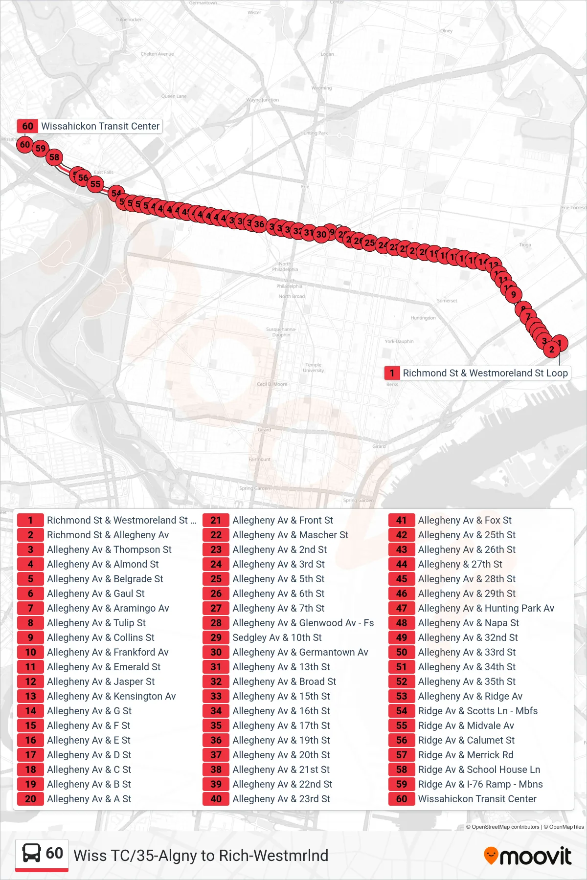 60 bus Line (Wissahickon Transit Center) route and stops on a map